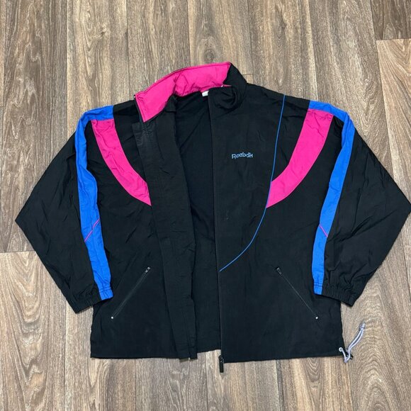 VTG Reebok Track Jacket Women's Large Black Nylon Windbreaker Colorblock 90s - Picture 5 of 11